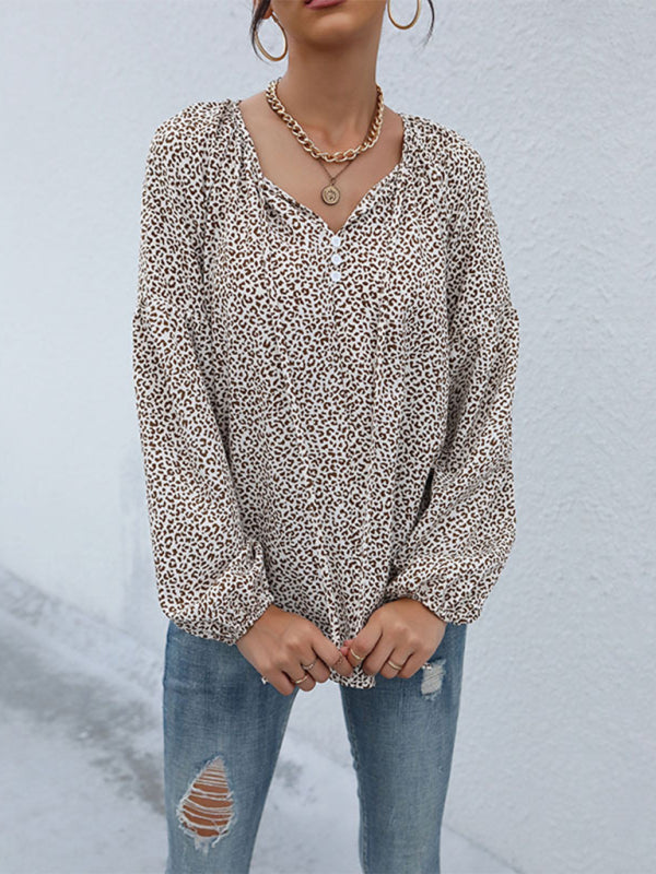 Leopard Print V-Neck Drawstring Blouse