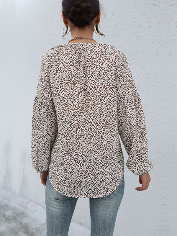 Leopard Print V-Neck Drawstring Blouse