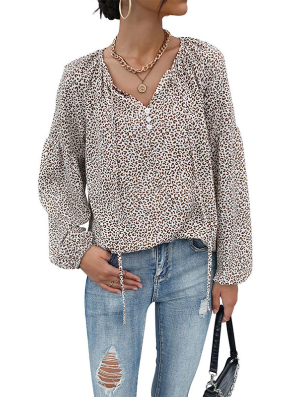 Leopard Print V-Neck Drawstring Blouse
