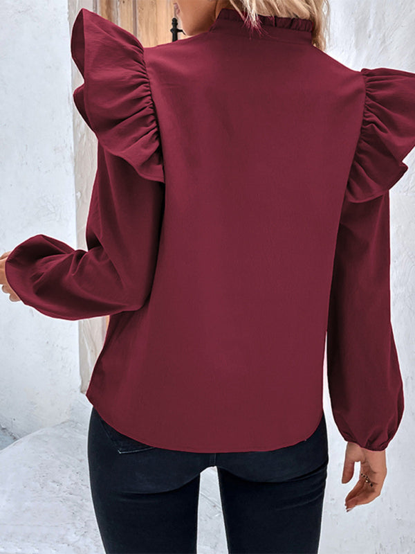 Women's Red V-Neck Long Sleeve Blouse
