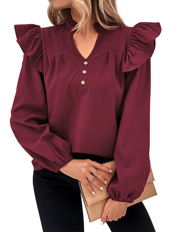 Women's Red V-Neck Long Sleeve Blouse