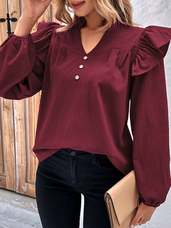Women's Red V-Neck Long Sleeve Blouse