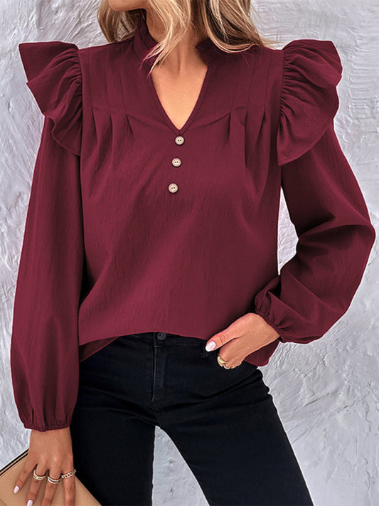 Women's Red V-Neck Long Sleeve Blouse