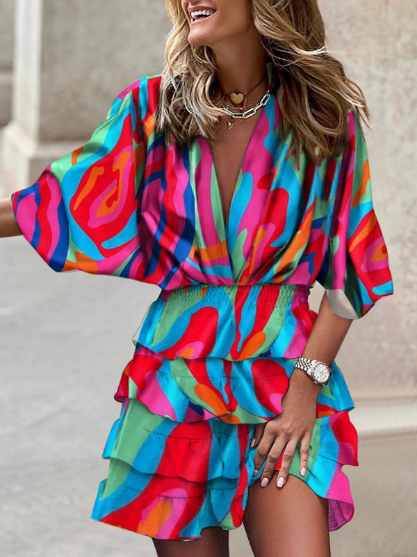 Dolman Sleeve V-Neck Boho Dress – Sleeveless Printed Style with Irregular Hem