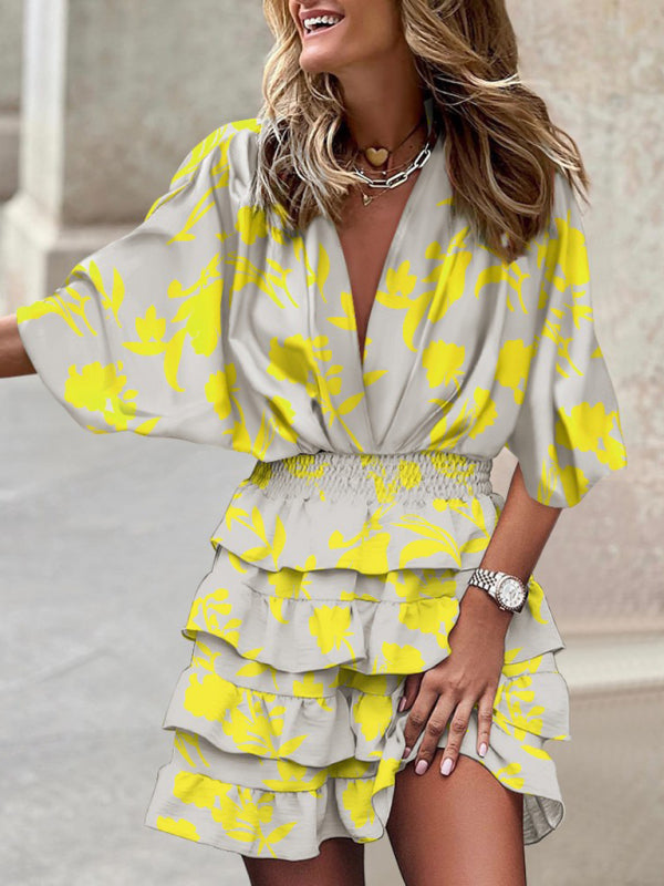 Dolman Sleeve V-Neck Boho Dress – Sleeveless Printed Style with Irregular Hem