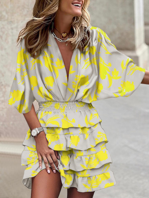 Dolman Sleeve V-Neck Boho Dress – Sleeveless Printed Style with Irregular Hem