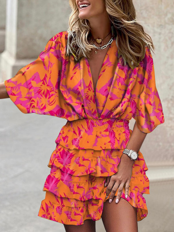 Dolman Sleeve V-Neck Boho Dress – Sleeveless Printed Style with Irregular Hem