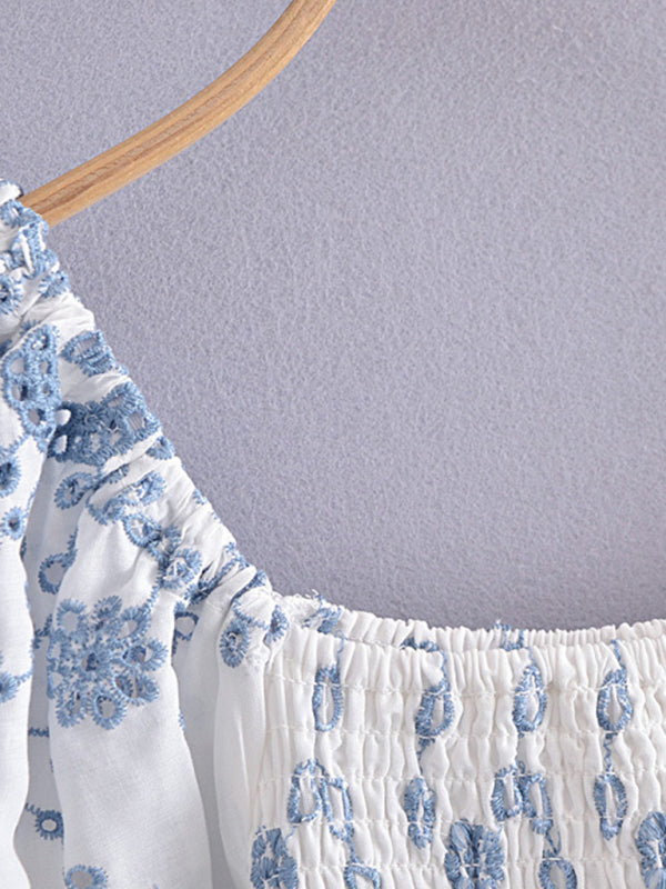Blue and White Porcelain Embroidered Bodycon Dress – Sleeveless Spring Look