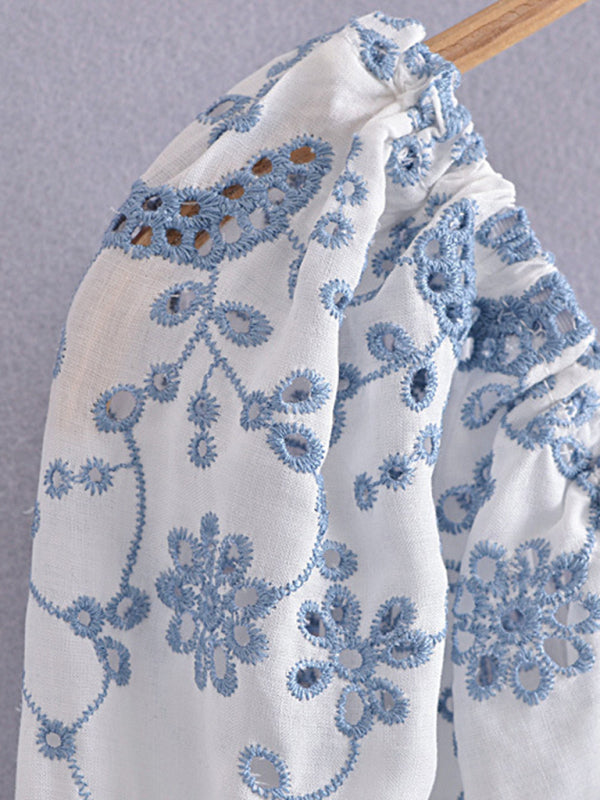 Blue and White Porcelain Embroidered Bodycon Dress – Sleeveless Spring Look