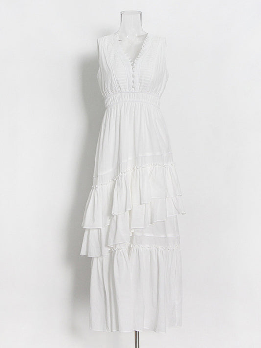 Pleated Mille-Layer Suspender Dress – Bohemian Sleeveless Holiday Look