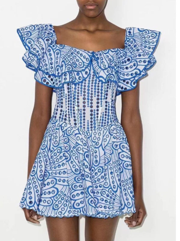 One-Shoulder Ruffle Embroidered Dress – Floral Cutout Waist, Holiday Style