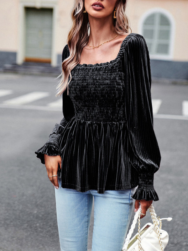 Velvet Long Sleeve Button-Up Blouse
