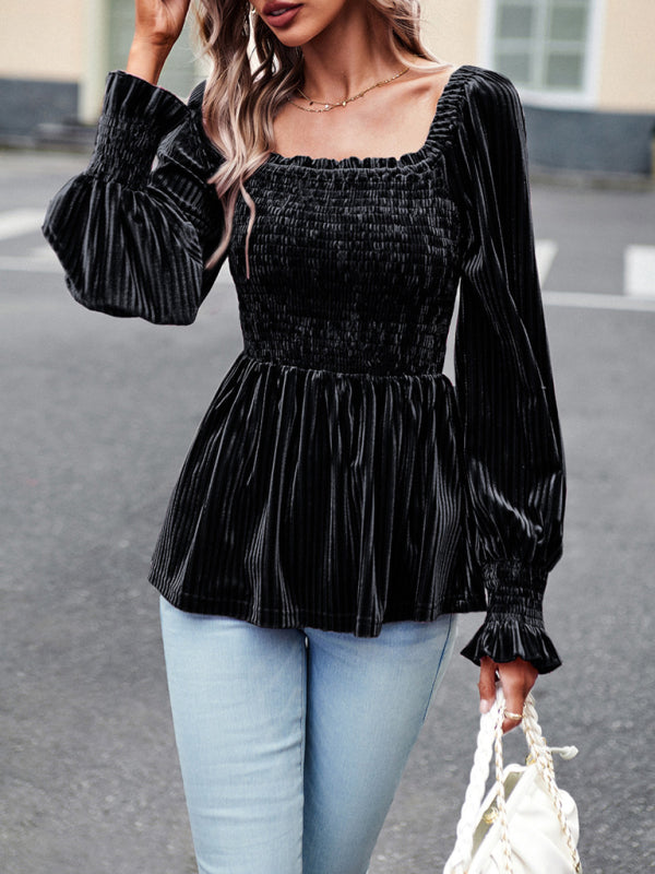 Velvet Long Sleeve Button-Up Blouse