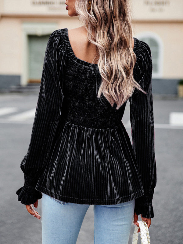 Velvet Long Sleeve Button-Up Blouse