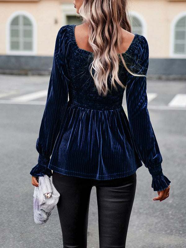 Velvet Long Sleeve Button-Up Blouse