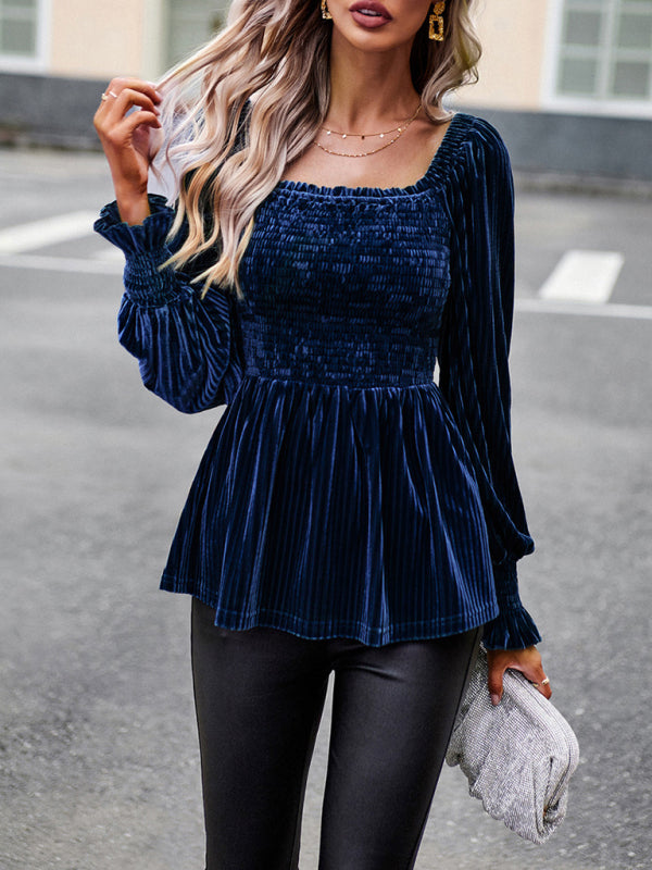 Velvet Long Sleeve Button-Up Blouse