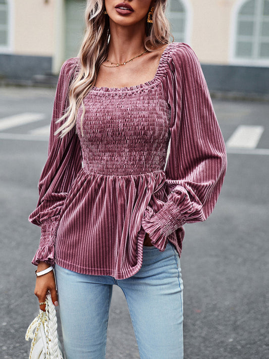 Velvet Long Sleeve Button-Up Blouse