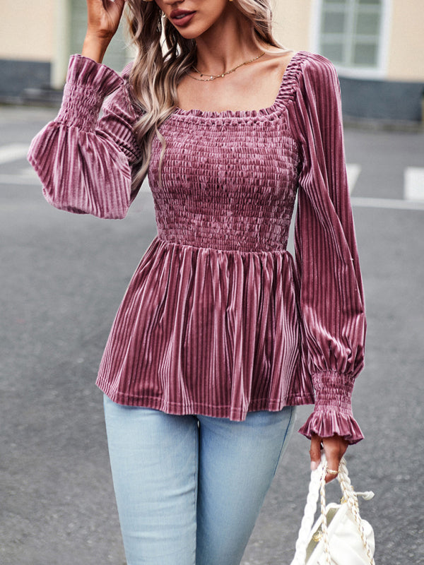 Velvet Long Sleeve Button-Up Blouse