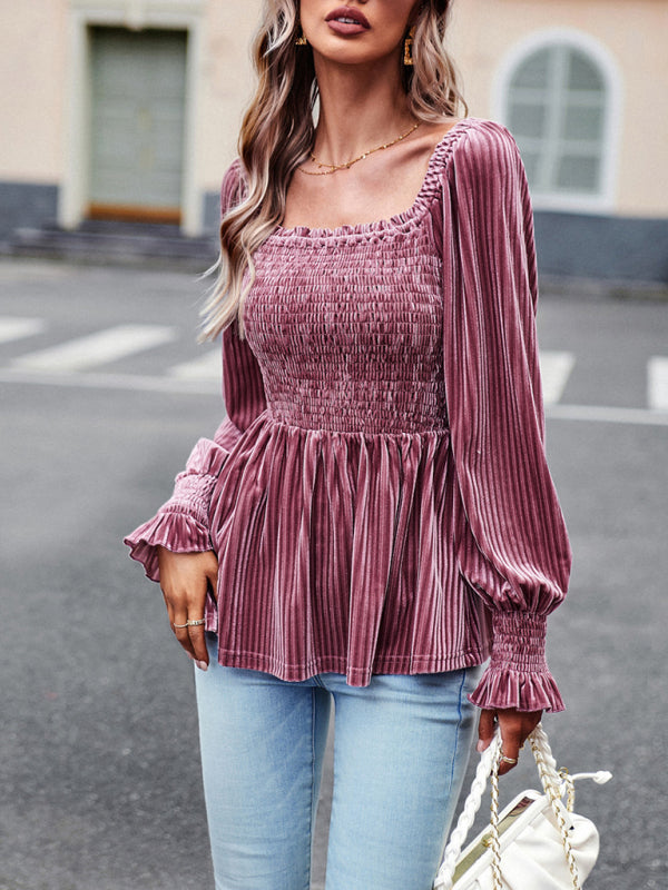 Velvet Long Sleeve Button-Up Blouse