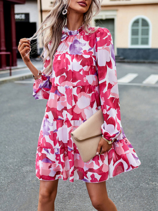 Elegant Floral Long-Sleeved Mini Dress – Woven Polyester, 4 Seasons Style