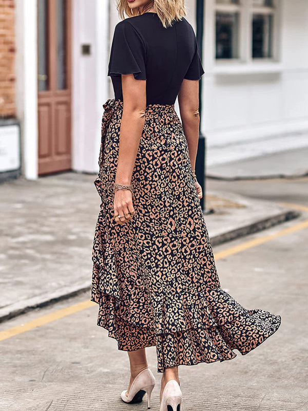 Floral V-Neck Irregular Hem Dress – Short Sleeves, Spring-Summer Style