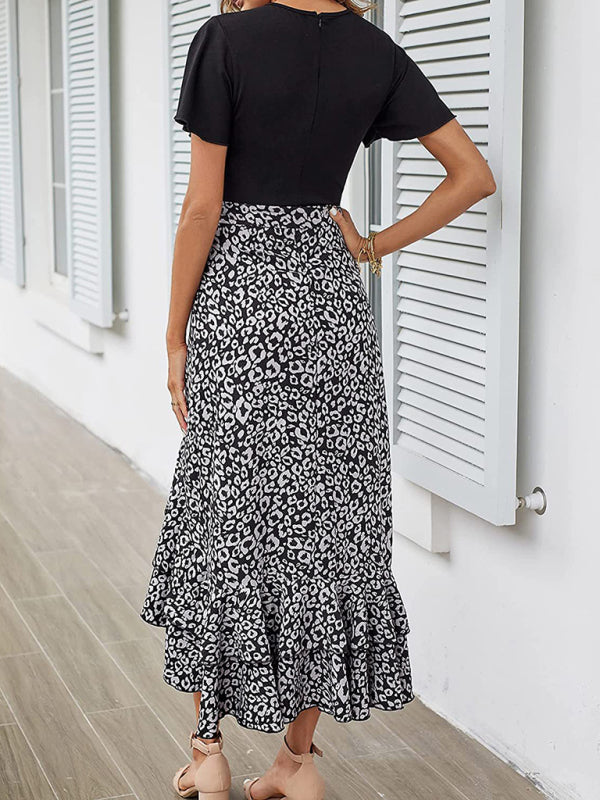 Floral V-Neck Irregular Hem Dress – Short Sleeves, Spring-Summer Style