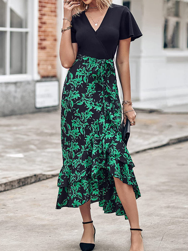 Floral V-Neck Irregular Hem Dress – Short Sleeves, Spring-Summer Style