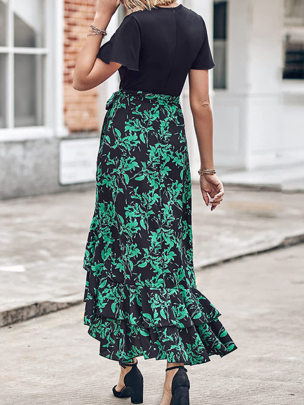 Floral V-Neck Irregular Hem Dress – Short Sleeves, Spring-Summer Style