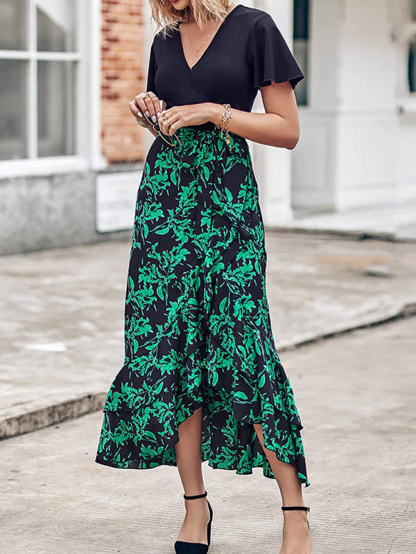 Floral V-Neck Irregular Hem Dress – Short Sleeves, Spring-Summer Style