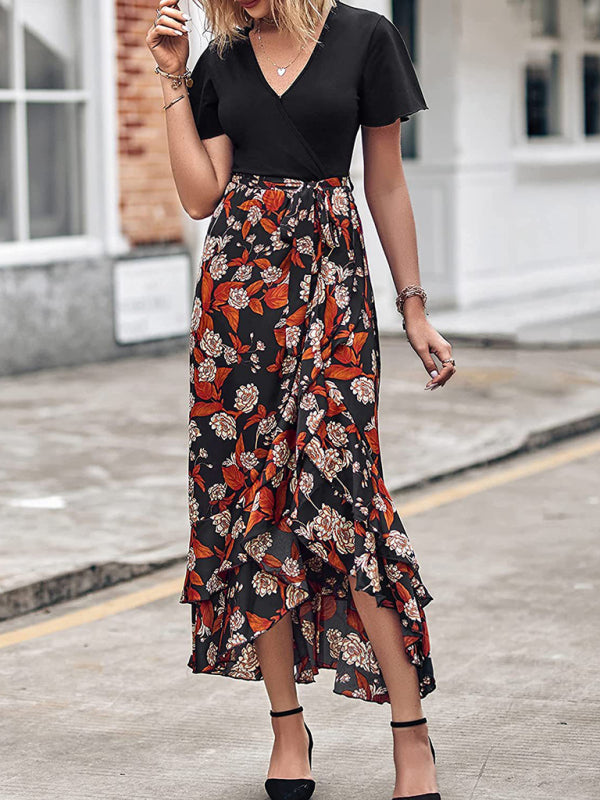 Floral V-Neck Irregular Hem Dress – Short Sleeves, Spring-Summer Style