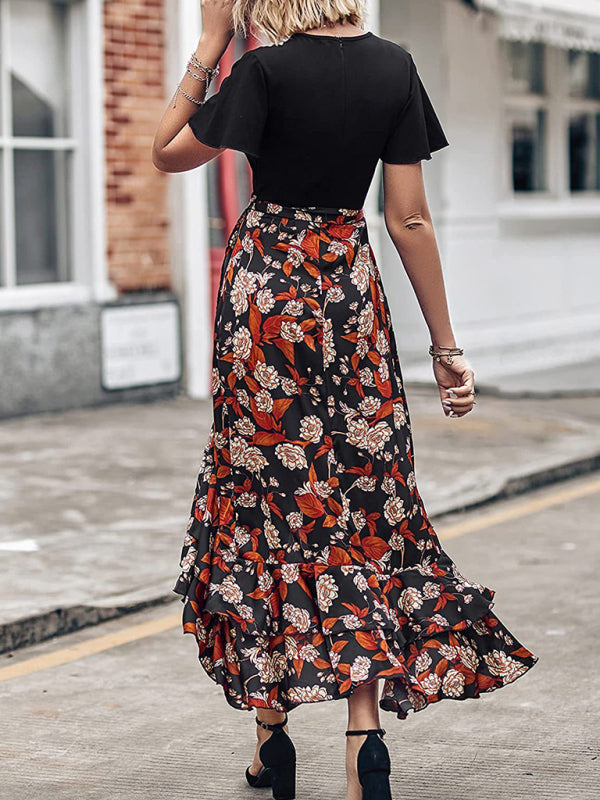 Floral V-Neck Irregular Hem Dress – Short Sleeves, Spring-Summer Style