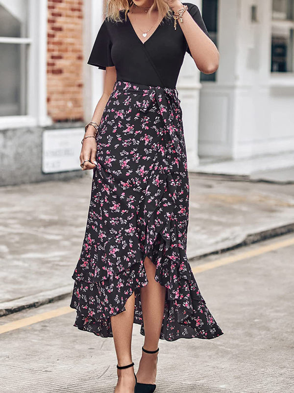 Floral V-Neck Irregular Hem Dress – Short Sleeves, Spring-Summer Style