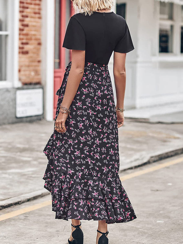 Floral V-Neck Irregular Hem Dress – Short Sleeves, Spring-Summer Style