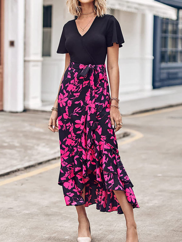 Floral V-Neck Irregular Hem Dress – Short Sleeves, Spring-Summer Style
