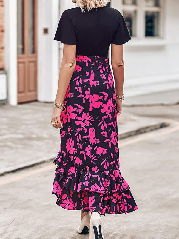 Floral V-Neck Irregular Hem Dress – Short Sleeves, Spring-Summer Style