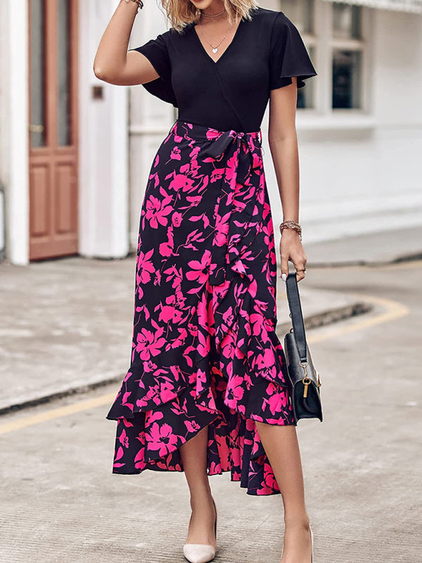 Floral V-Neck Irregular Hem Dress – Short Sleeves, Spring-Summer Style