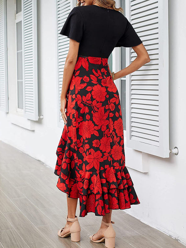 Floral V-Neck Irregular Hem Dress – Short Sleeves, Spring-Summer Style