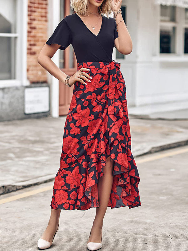Floral V-Neck Irregular Hem Dress – Short Sleeves, Spring-Summer Style