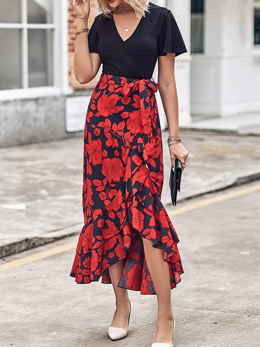 Floral V-Neck Irregular Hem Dress – Short Sleeves, Spring-Summer Style