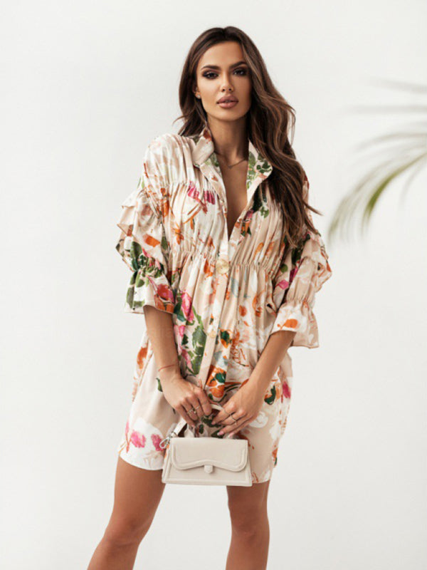 Pleated Ruffled Sleeveless Dress with Stand-Up Collar – Boho Print, Summer Casual