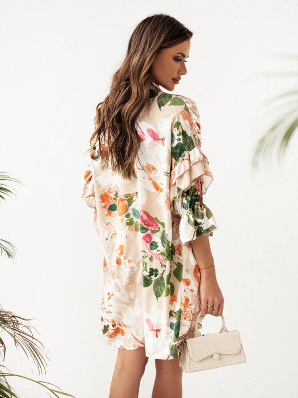 Pleated Ruffled Sleeveless Dress with Stand-Up Collar – Boho Print, Summer Casual