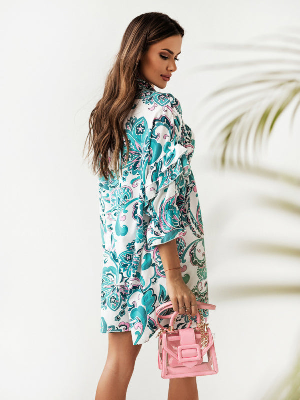Pleated Ruffled Sleeveless Dress with Stand-Up Collar – Boho Print, Summer Casual