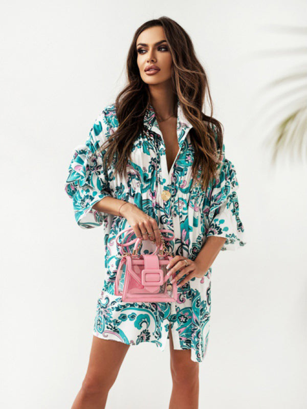 Pleated Ruffled Sleeveless Dress with Stand-Up Collar – Boho Print, Summer Casual
