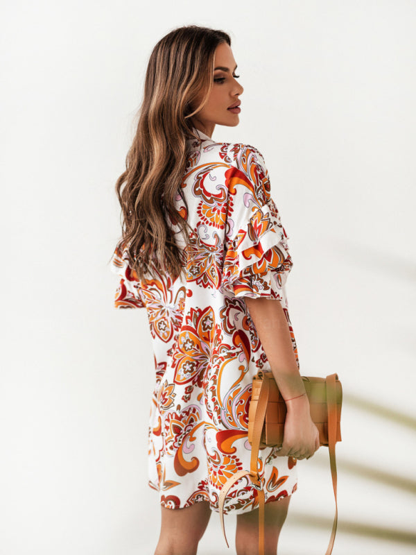 Pleated Ruffled Sleeveless Dress with Stand-Up Collar – Boho Print, Summer Casual