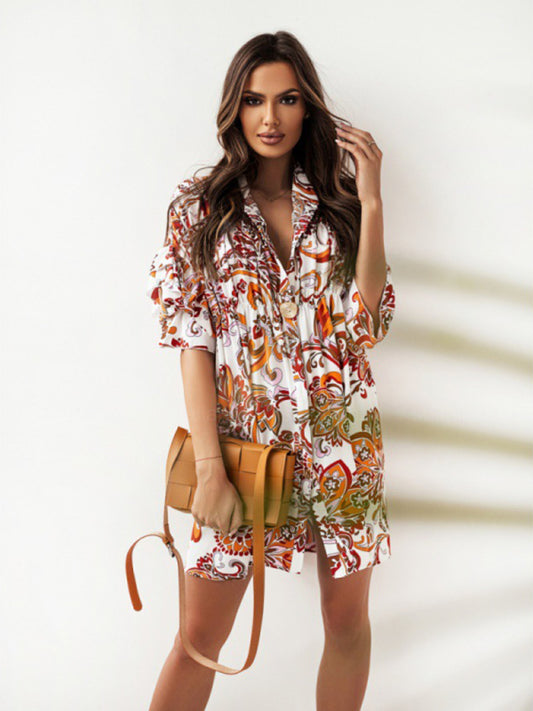 Pleated Ruffled Sleeveless Dress with Stand-Up Collar – Boho Print, Summer Casual