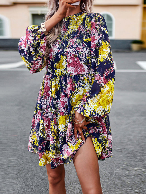High Neck Ruffle Long Sleeve Dress – Stretch Woven Boho Style