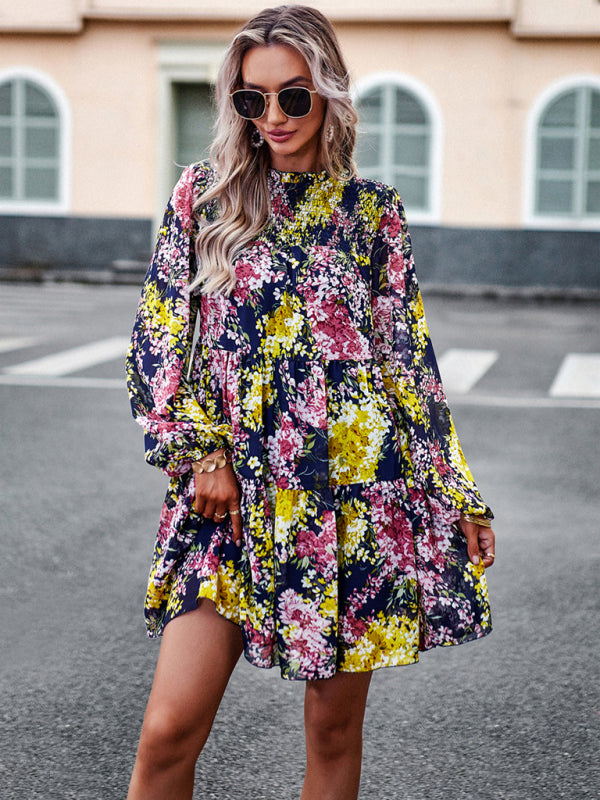 High Neck Ruffle Long Sleeve Dress – Stretch Woven Boho Style