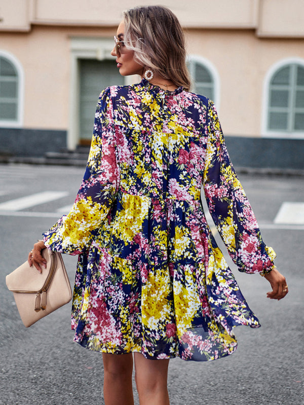 High Neck Ruffle Long Sleeve Dress – Stretch Woven Boho Style
