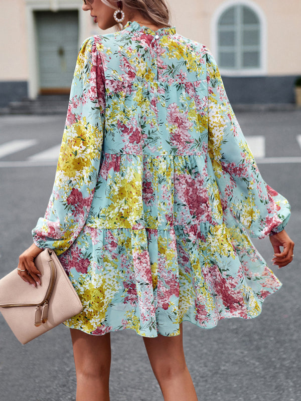 High Neck Ruffle Long Sleeve Dress – Stretch Woven Boho Style