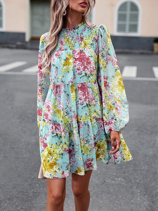 High Neck Ruffle Long Sleeve Dress – Stretch Woven Boho Style